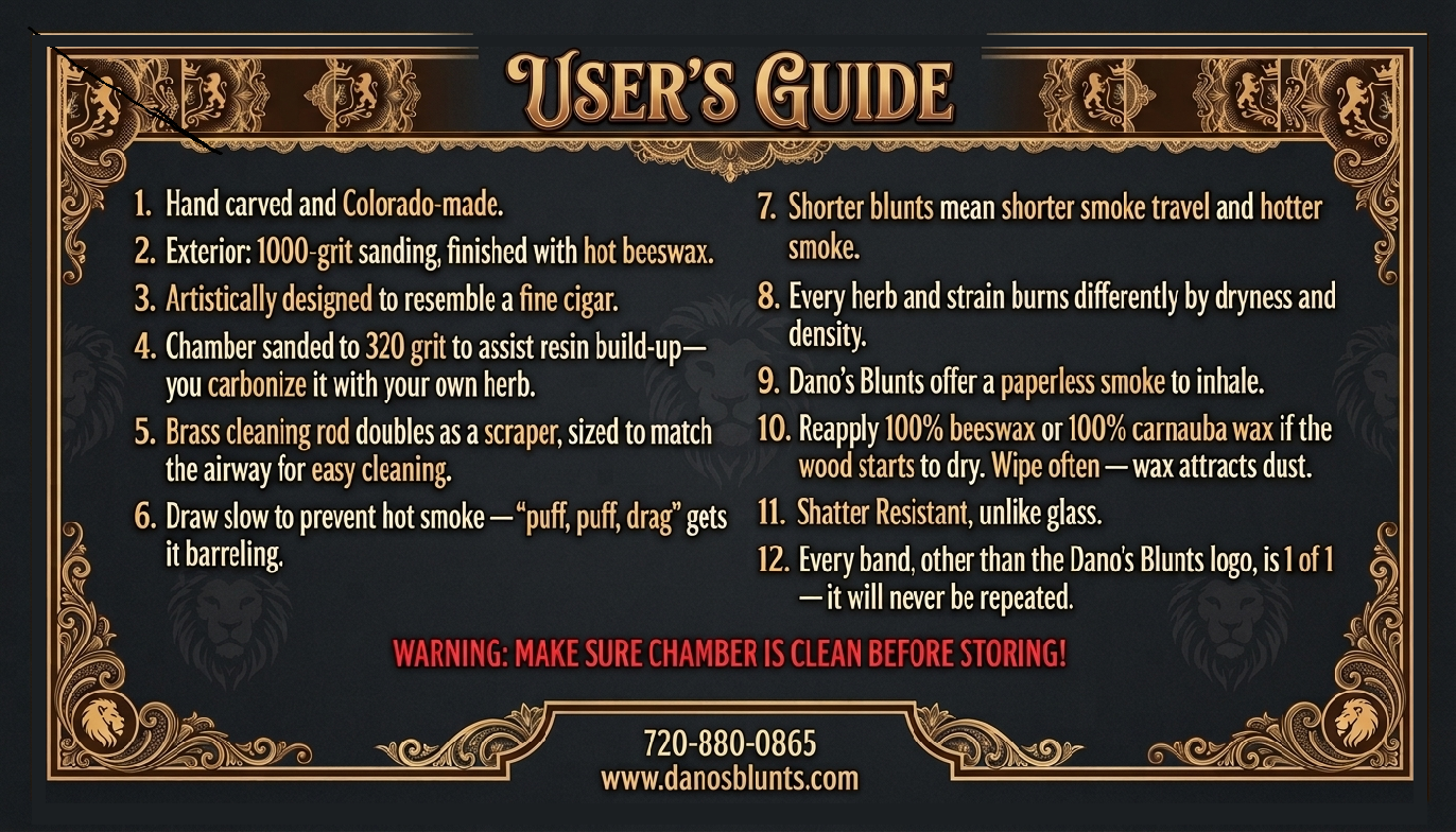 Dano's Blunts User's Guide card: care, finishes, and usage notes