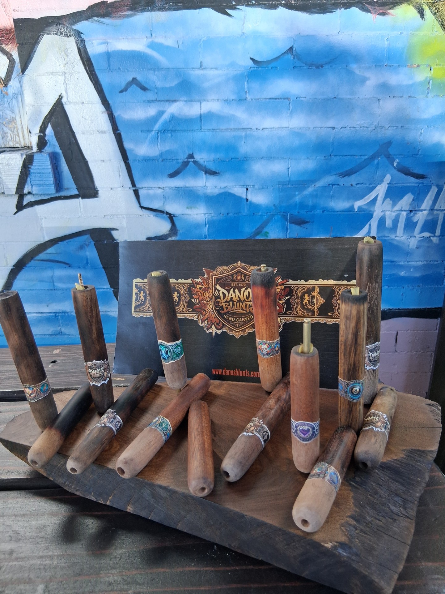 A finished set of hand-carved Dano's Blunts on display