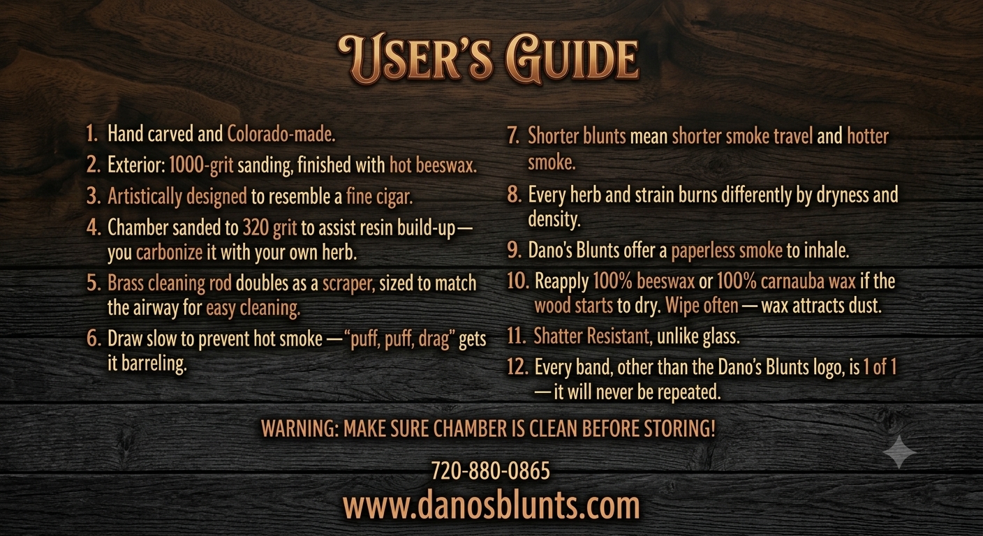 Dano's Blunts User's Guide card: care, finishes, and usage notes