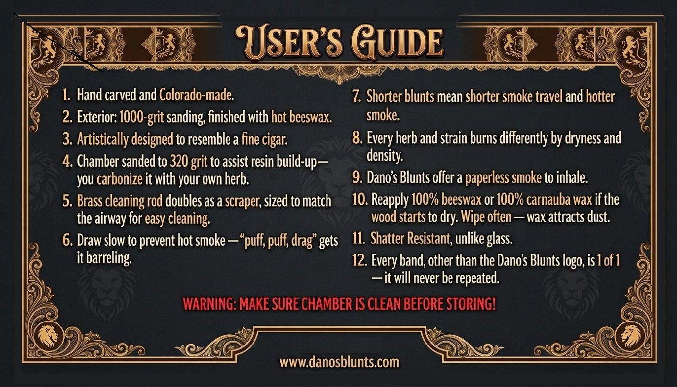 Dano's Blunts User's Guide card: care, finishes, and usage notes